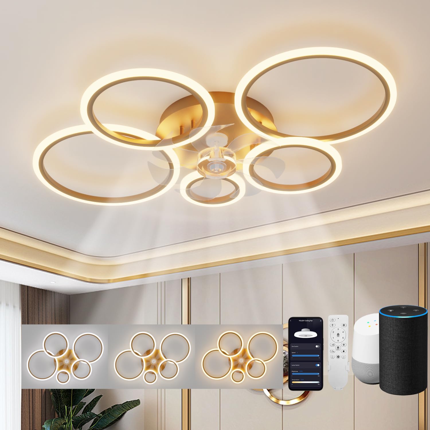 Lampara Ventilador Techo Led Compatible con Alexa, Google Assistant, Anillo Ventiladores de Techo con Luz Silencioso, Regulable, 6 Velocidades, Motor DC, Modo Verano/Invierno
