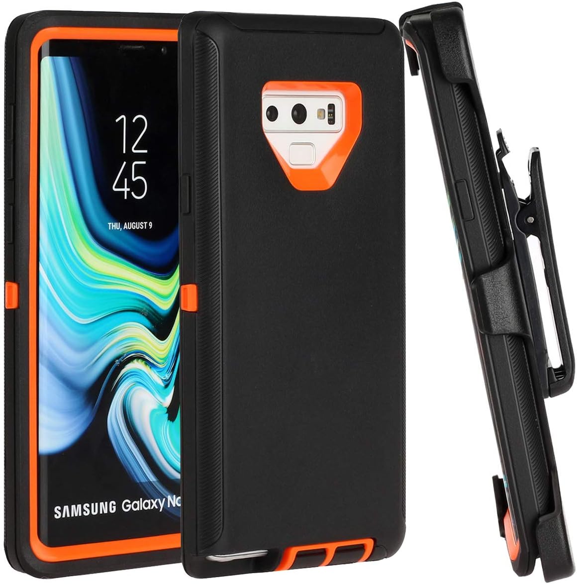 Casa Shockproof Case Compatible with Galaxy Note 9, Touch 3 in 1 Heavy Duty Holster Case Belt Clip + Armor Protective Kickstand Cover for Samsung Galaxy Note 9 (Black+Orange)