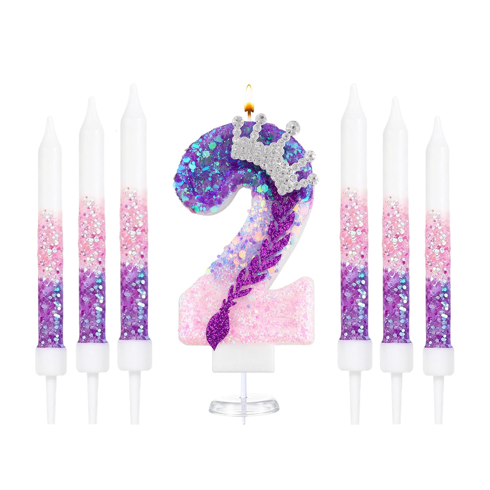 K Pop Number Birthday Candles, Glitter Crown Birthday Candle with 6 Pcs Long Candles, Stylish Kpop Music Themed Cake Topper for Girls Birthday Party Supplies (2 Candle,K Pop)