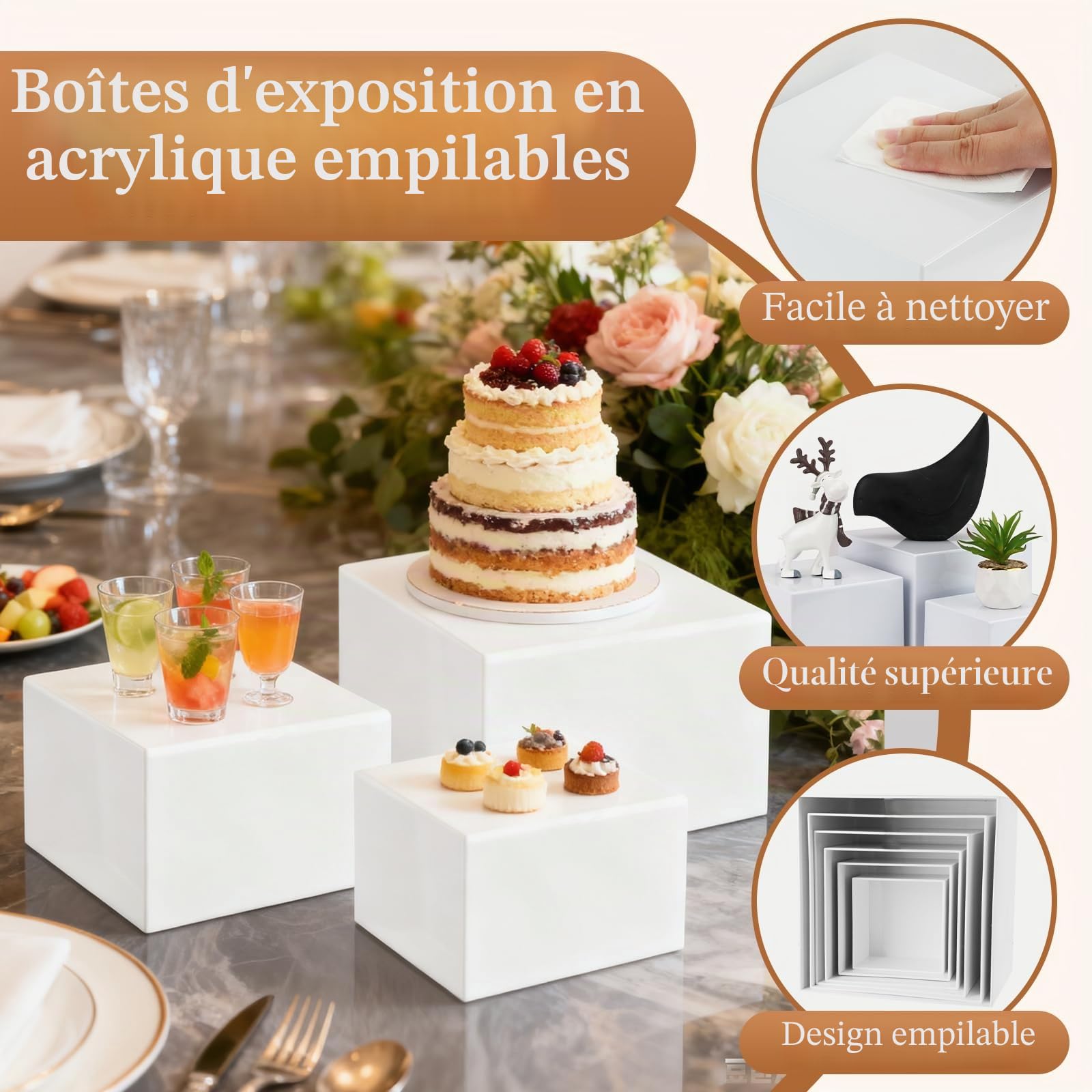 Lot de 14 rehausseurs empilables en acrylique pour buffet, 6 tailles, avec 6 mini panneaux et 2 stylos, présentoir de table avec fond creux pour fêtes, anniversaires et mariages (13 à 26 cm)