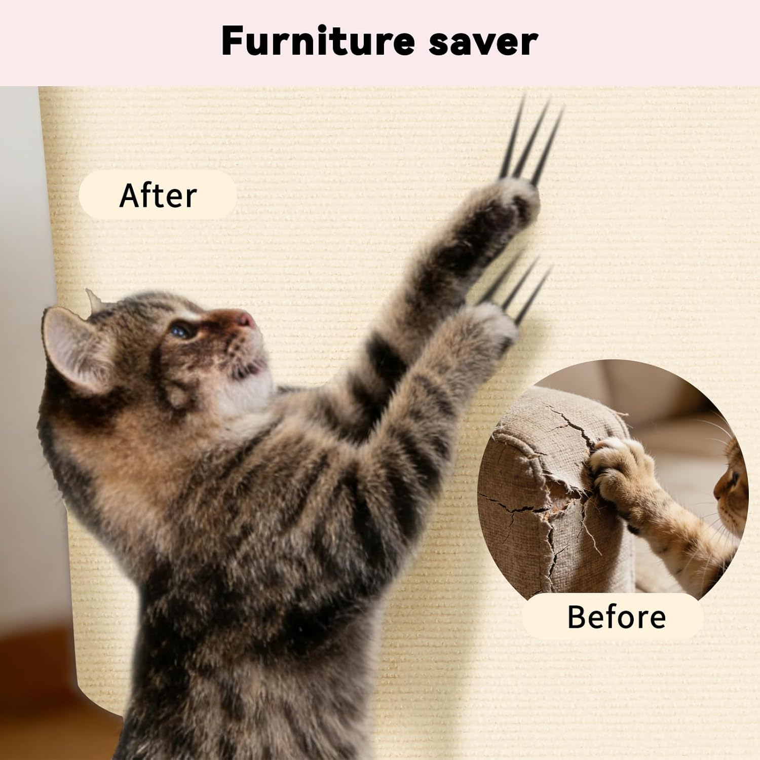 2 Pack Cat Scratch Mat, 78.7x15.8 Inch Self-Adhesive Carpet Protector, Trimmable DIY Climbing Scratcher for Furniture, Cat Tower Replacement Pads, Light Grey (Beige, 78.7 x 15.8 inch)