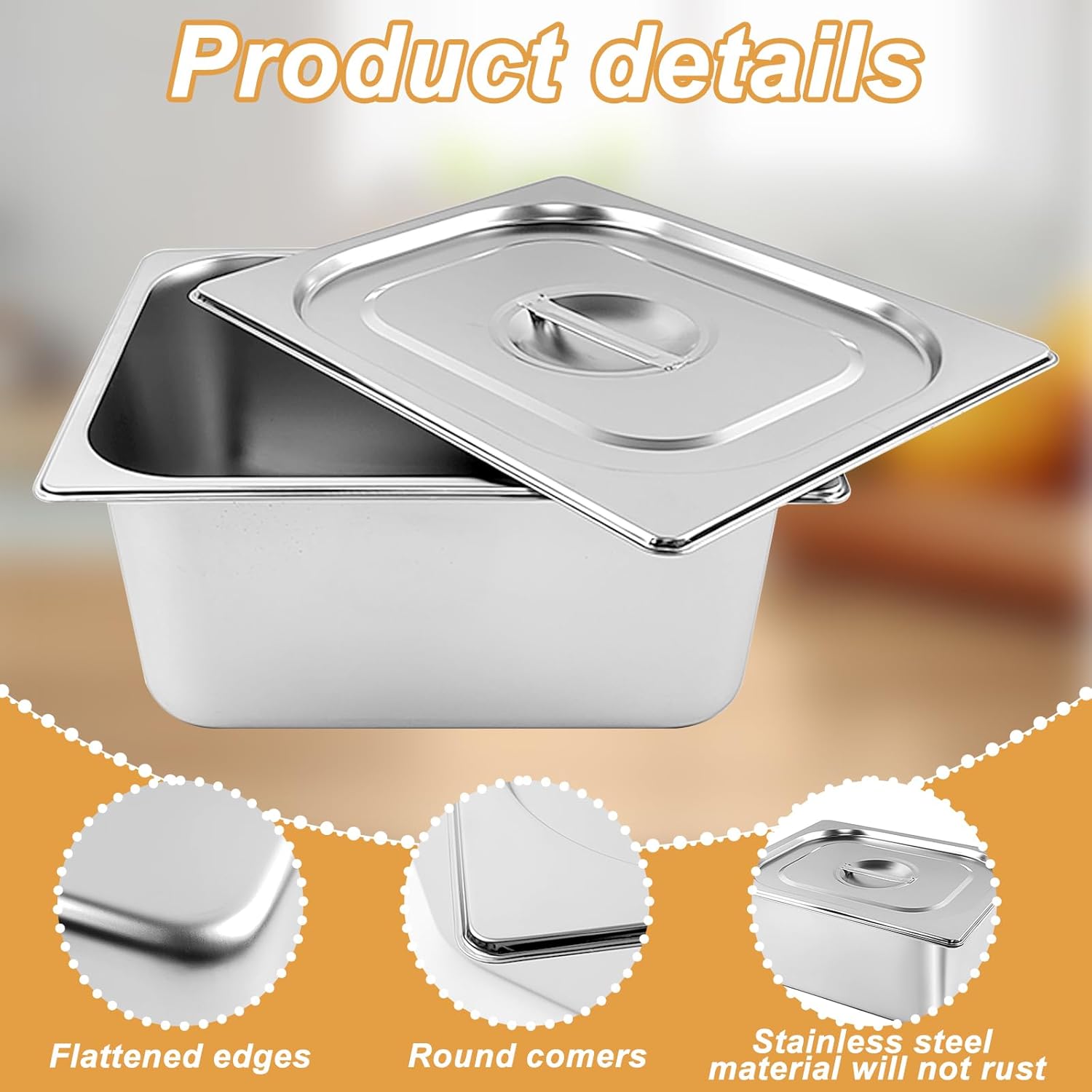 2 Pack 1/2 Size Stainless Steel Steam Table Pans with Lid, Anti Clogging, Anti Rust, for Hotel, Buffet