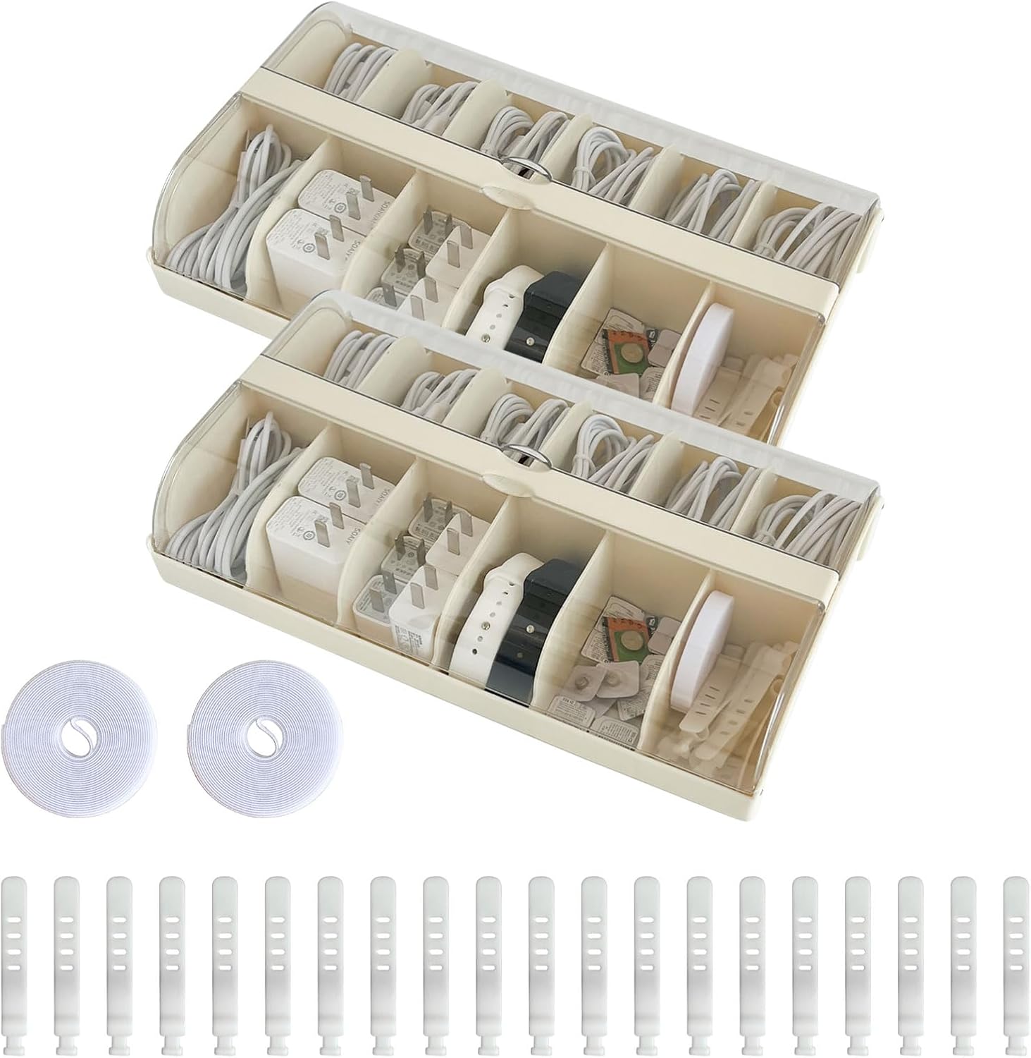 Yesesion 2 Pack Cable Storage Box with Lid, Large Desk Drawer Accessories Storage Case for Home Office Supplies, Art Crafts, Phone Charger, USB Cables, Battery, Eraser, Sewing Kit, Wires (Beige)