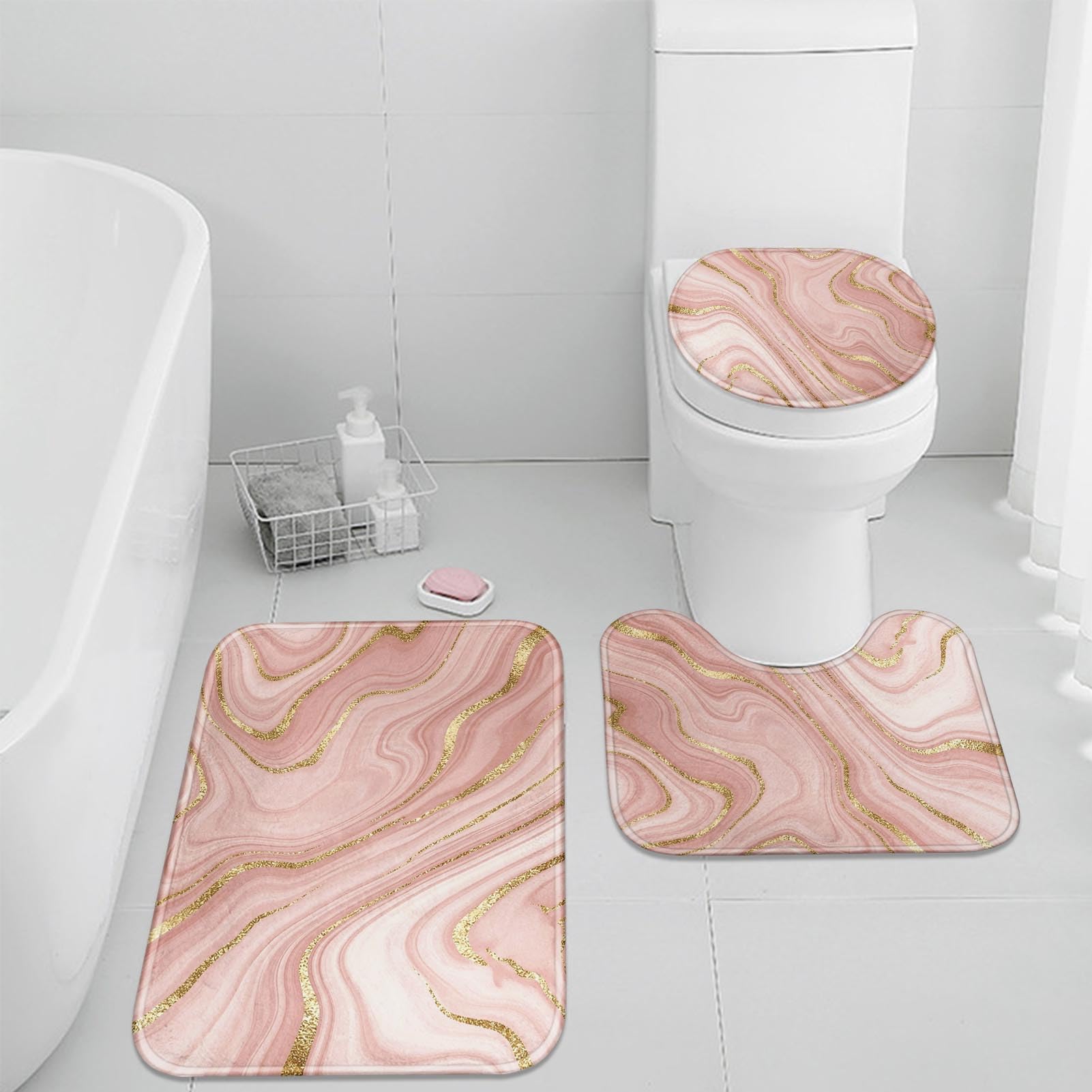 Britimes Pink Marble Bathroom Rug Set of 3, Gold Rose 3 Pieces Bath Mats Set, Vintage Style Peach Blush Non-Slip Washable Cover Floor Rug Decorations
