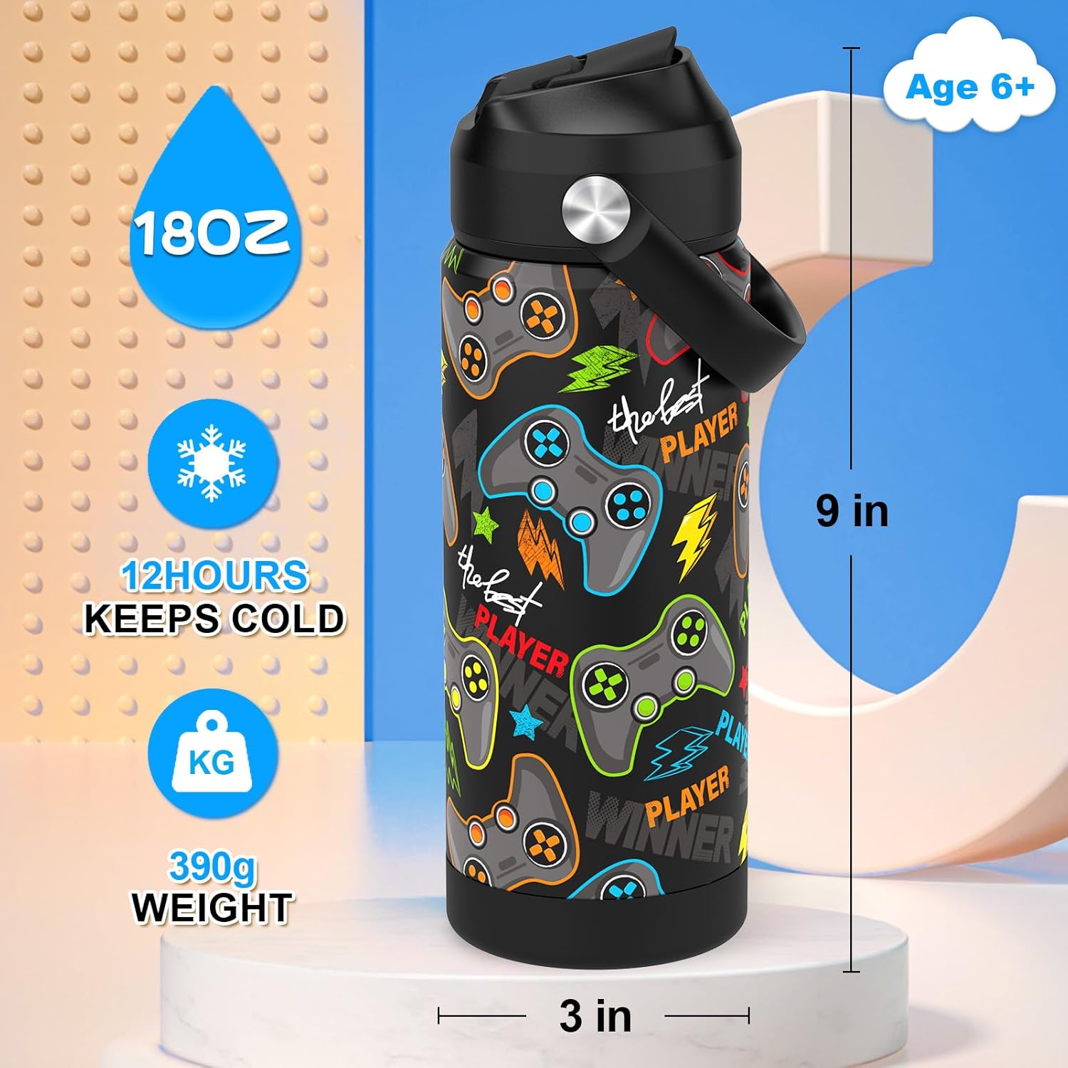 Boys Water Bottle with Straw,18 oz Kids Insulated Cups with Stainless Steel Leak Proof for School,Sport&Travel（Game） - Image 2