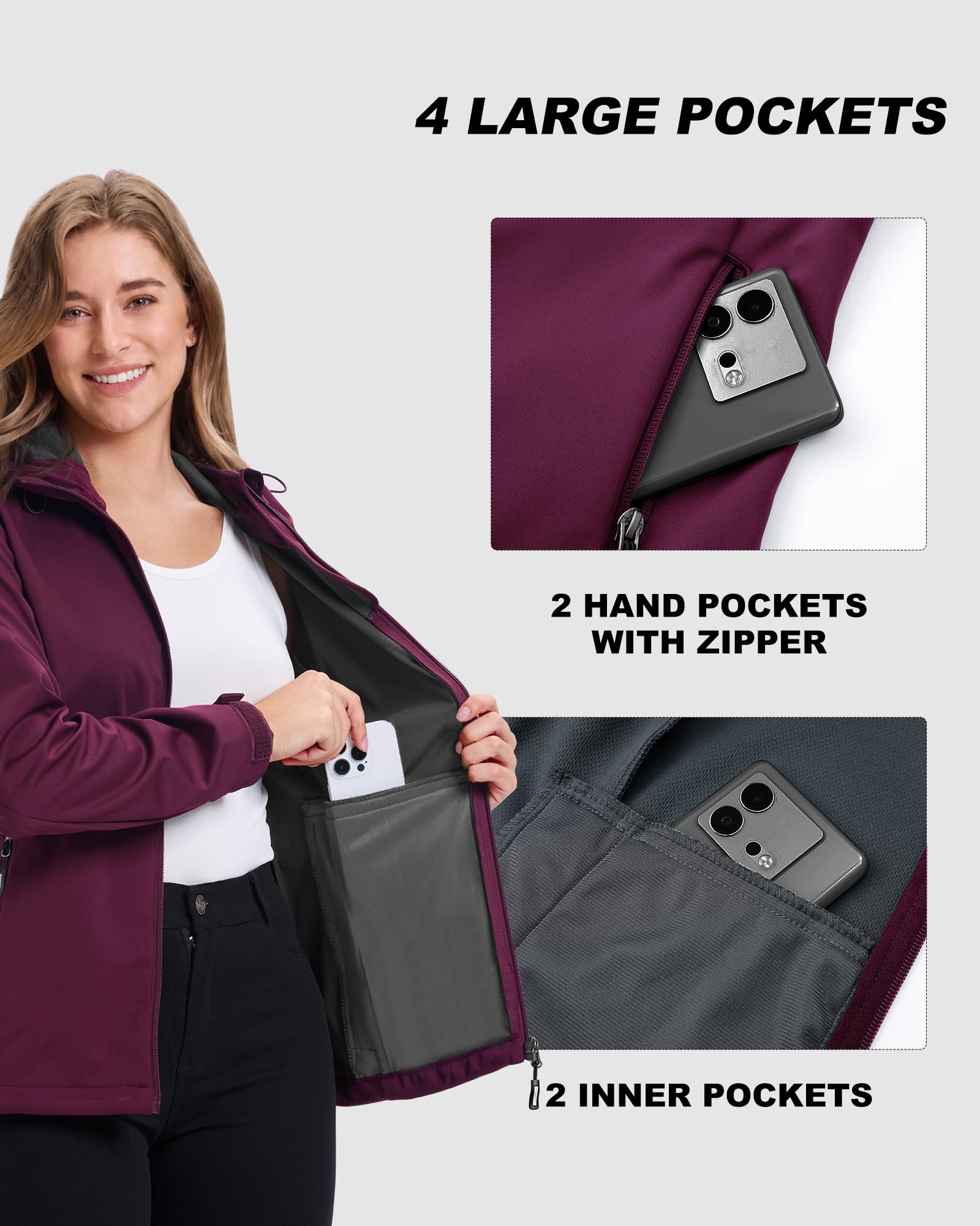 Outdoor Ventures Damen Wasserdichte Softshelljacke Winddichte Übergangsjacke mit Kapuze Leichte Sportjacke Funktionsjacke zum Radfahren, Wandern