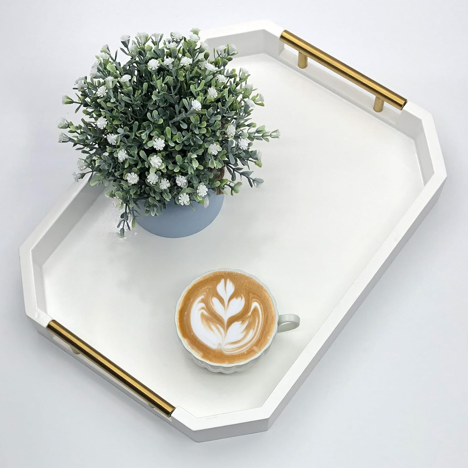 Serving Tray with Polished Metal Handles, Hexagon Coffee Table Tray, Modern Rectangle Decorative Tray, Large Ottoman Tray, Perfect for Storage and Display (White Hexagon)