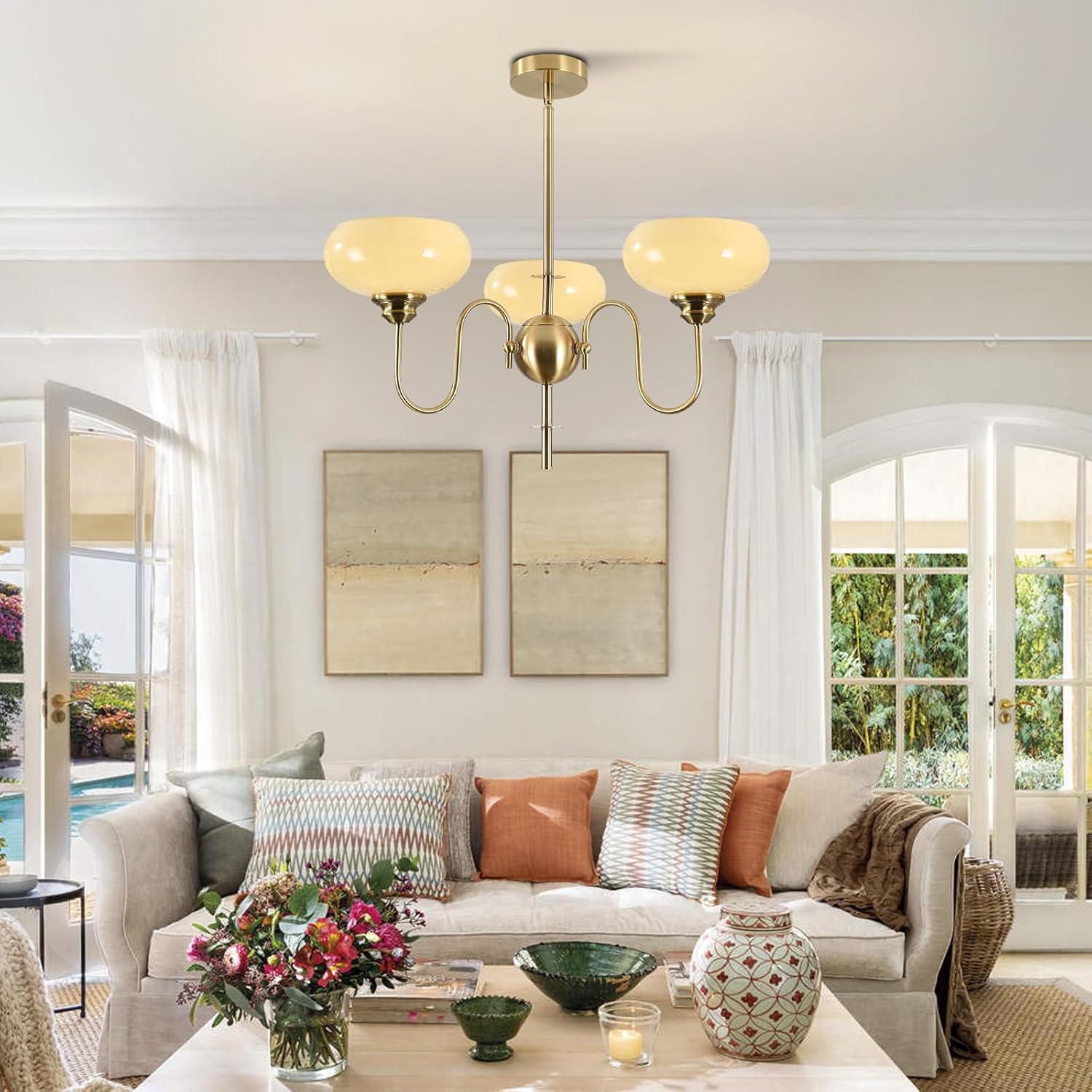 Vintage 3 Light Glass Chandelier Antique Brass Chandeliers Gold Semi Flush Mount Ceiling Light Fixture Mid Century Modern Dining Room Chandelier Over Table