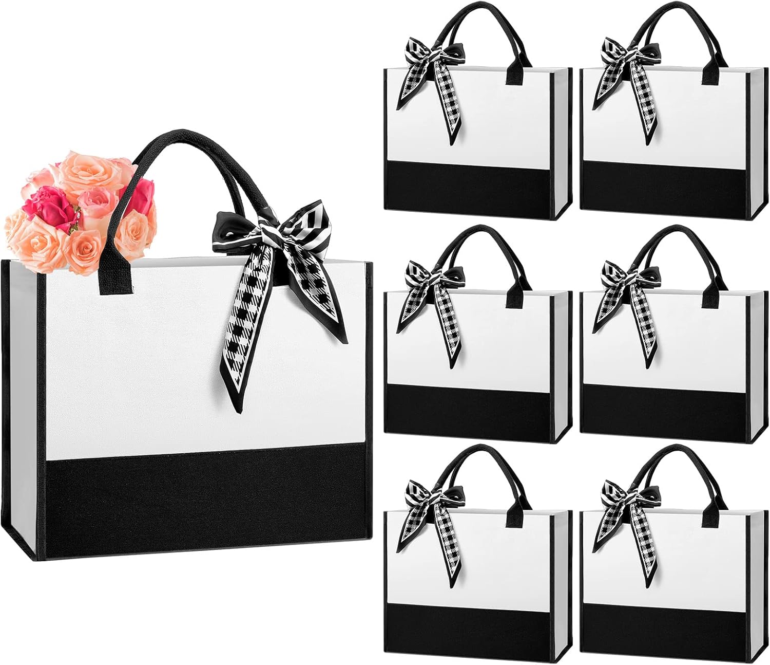 Reginary 6 Pack Canvas Beach Tote Bags with Handles and Scarves Large Capacity Waterproof Tote Set for Women Black and White Reusable Gift Bags for Travel Shopping Wedding