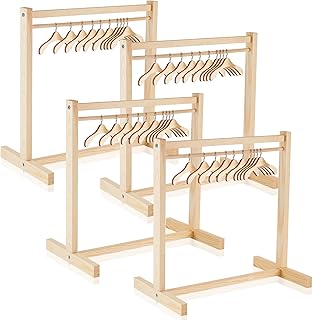 Civaner 44 Pcs Doll Garment Rack with Wooden Clothes Hanger for 18 Inch Girl Doll Clothes Mini Hangers Wardrobe Furniture Accessories for Dollhouse Baby Shower Supplies (Wood)
