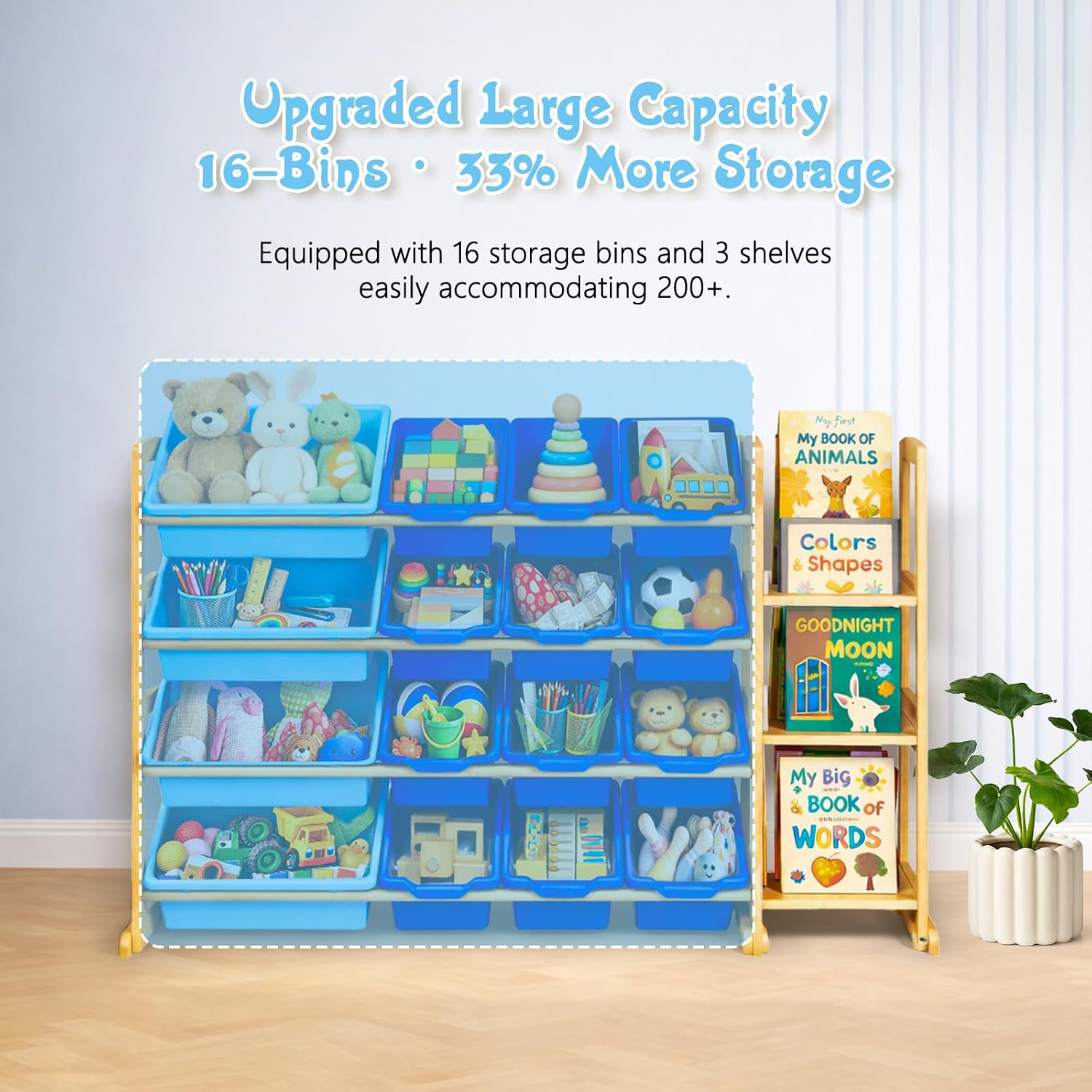 Kids Toy Storage Organizer with Bookshelf – Wooden Shelf with 16 Bins & 3 Shelves, Quick Assembly Storage Rack for Playroom, Bedroom, Nursery - Blue thumbnail