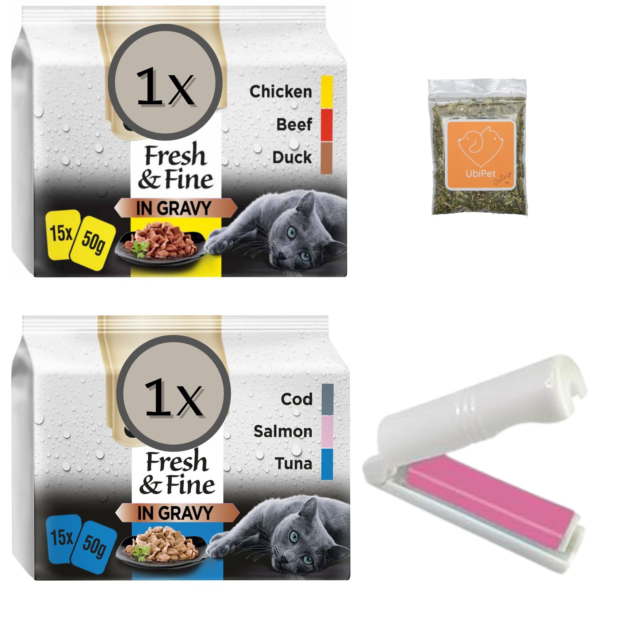 Wet Cat Food Bundle with Selection of Fresh and Fine in Gravy with Beef, Duck, Chicken, Salmon, Tuna, Cod (2x15 Pack - 30 Pouches in Total) and UbiPet Catnip plus Lint Roller