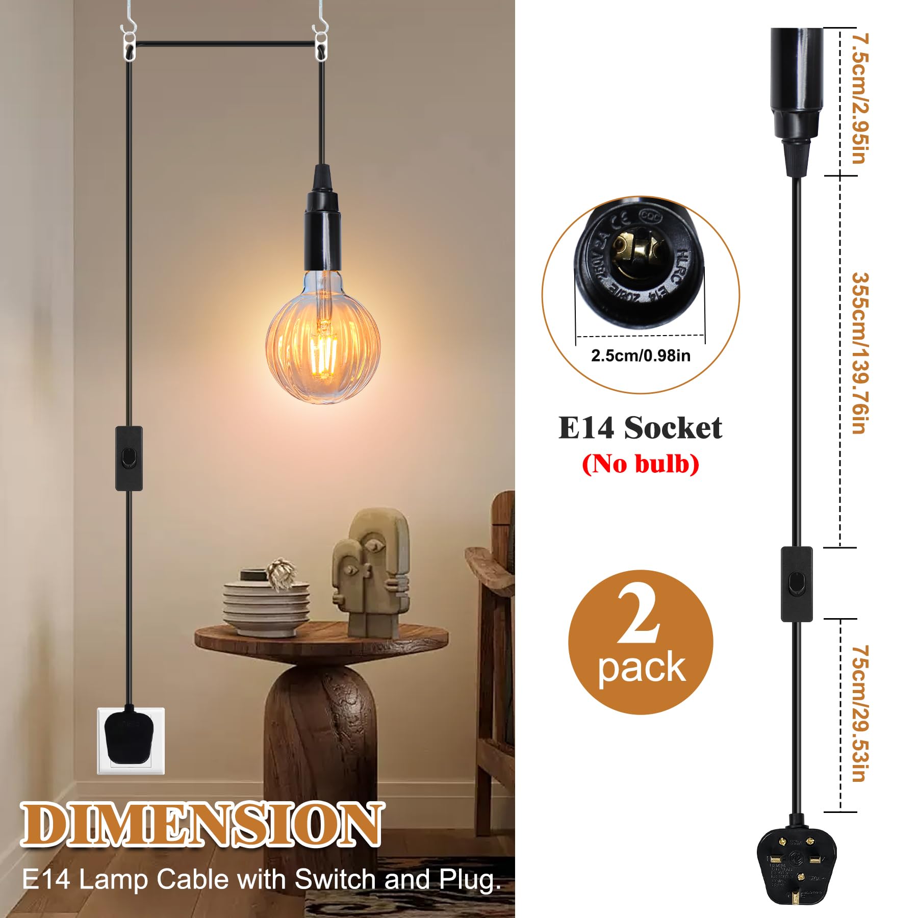 Pendant Light Fitting, 2 Pack E14 Bulb Holder with 4.5 M Lamp Cable with Switch and Plug, Black Plug in Ceiling Light - Image 2