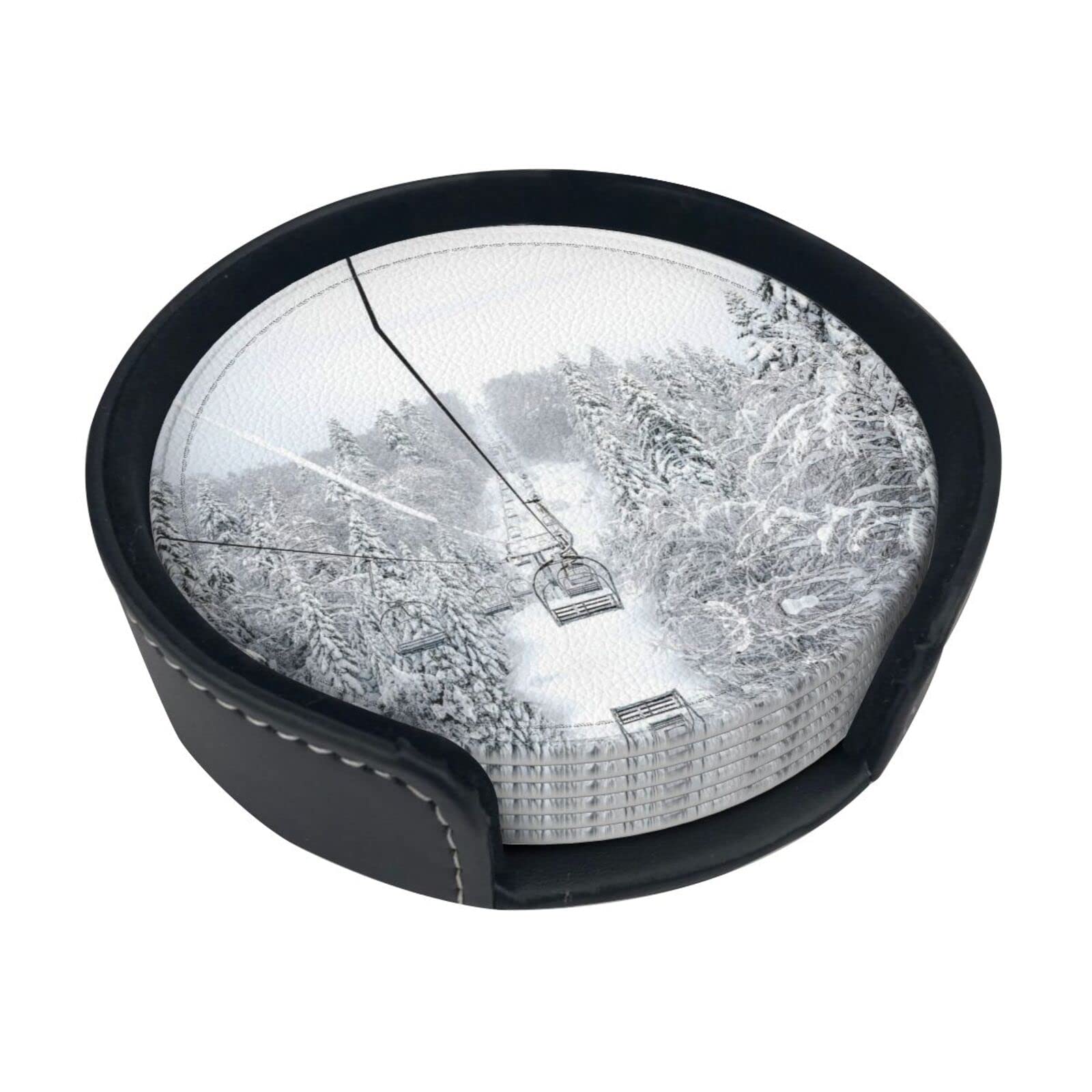 Coasters Set Of 6 Winter Old Cable Ski Lift Round leather Coasters With Holder Anti stain and Heat Insulation Mug Mat for Home Kitchen Office