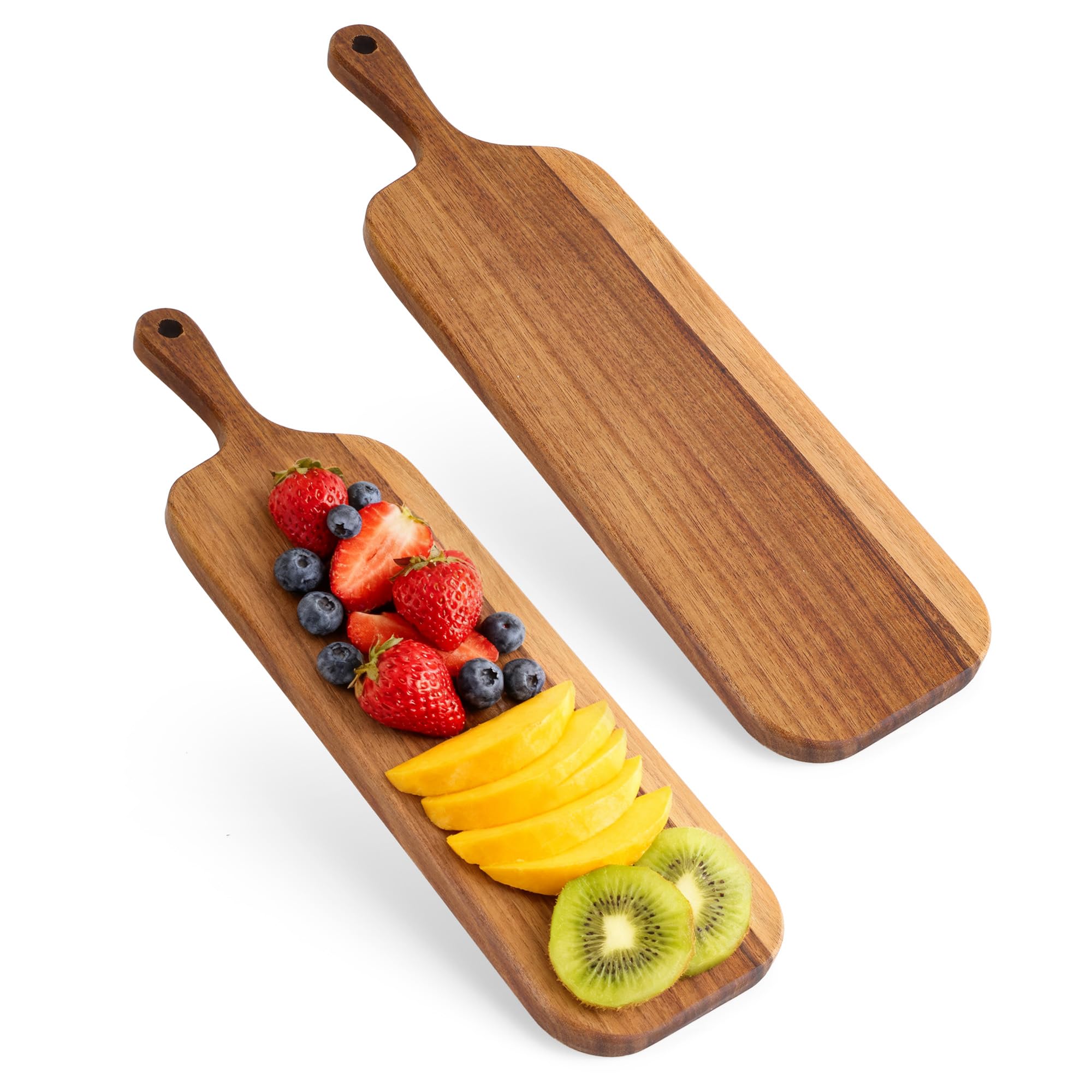 WeeGoo 2 PCS Acacia Wood Serving Board with Handle, 41 x 12 x 1.5 CM Long Chopping Board, Wooden Charcuterie Boards for Food Fruit Bread Cheese Sushi