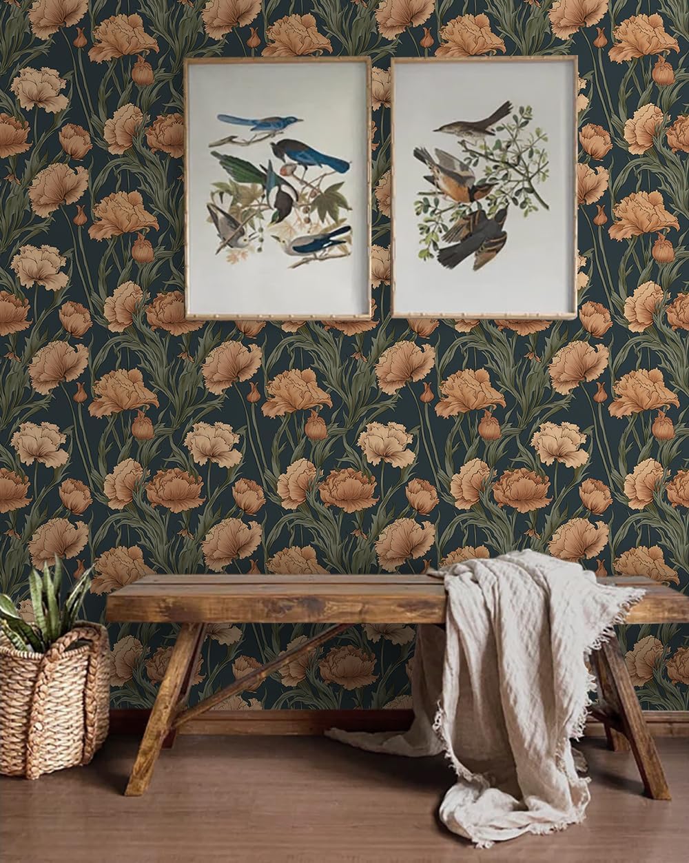 HeloHo Peel and Stick Wallpaper Vintage Floral Wallpaper Boho Self Adhesive Mural Wall Paper Removable Moody for Cabinets Bedroom Bathroom Contact Paper Vinyl 17.3" X 78.7"