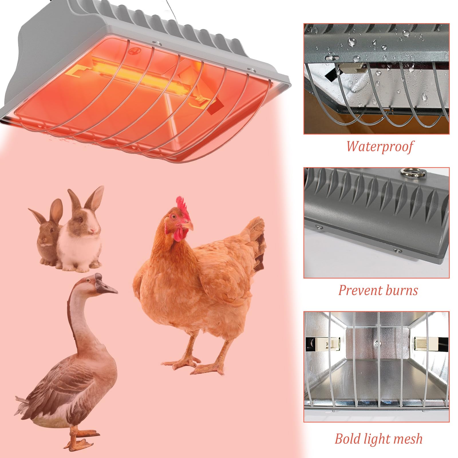 Lampe chauffante pour poussins, 250 W, avec interrupteur économique et câble d'alimentation de 1,8 m, lampe infrarouge thermostatique automatique pour poules, canards, porcelets, chiots, bétail