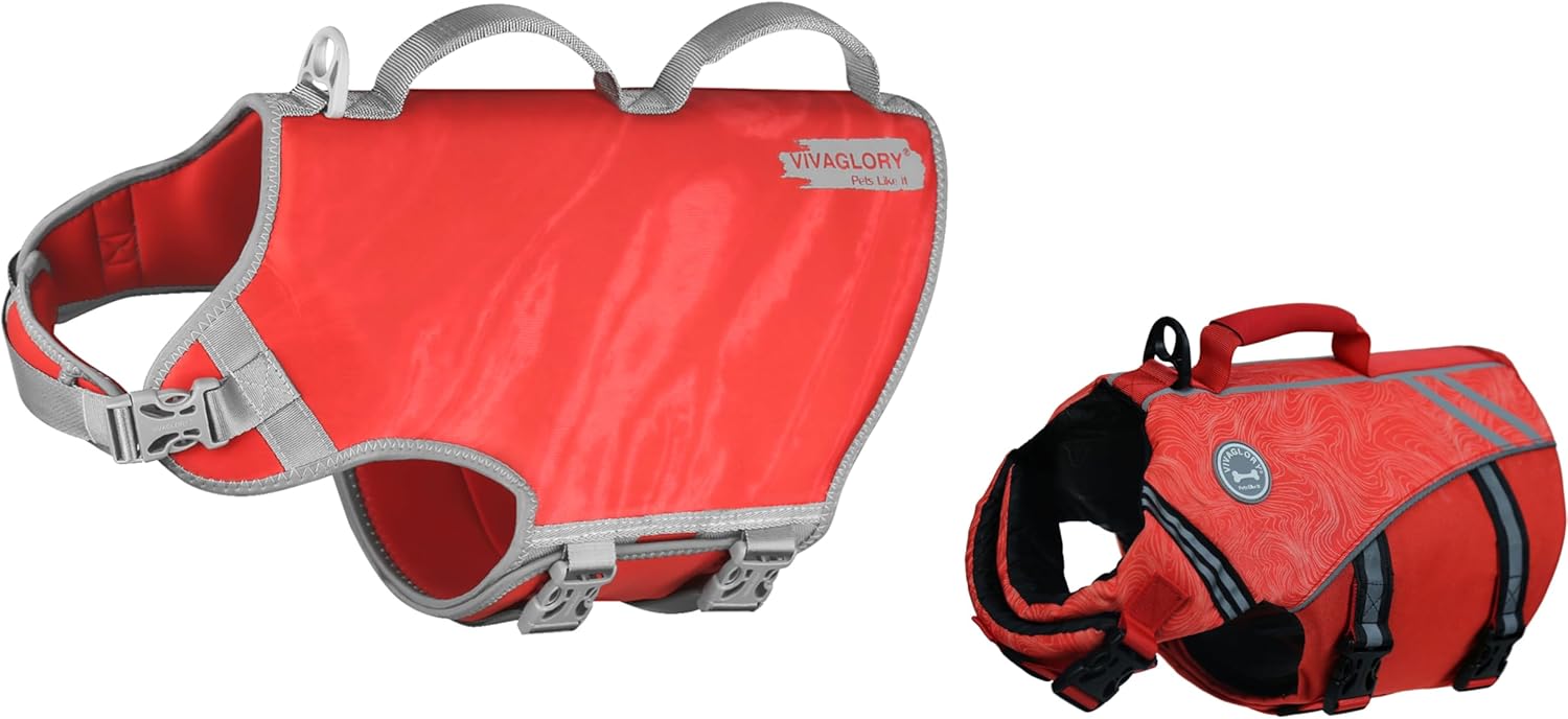 VIVAGLORY + Neoprene Dog Life Vest + Sports Style Dog Life Jacket, Swimming Vest with Handle, Ripstop & Buoyancy