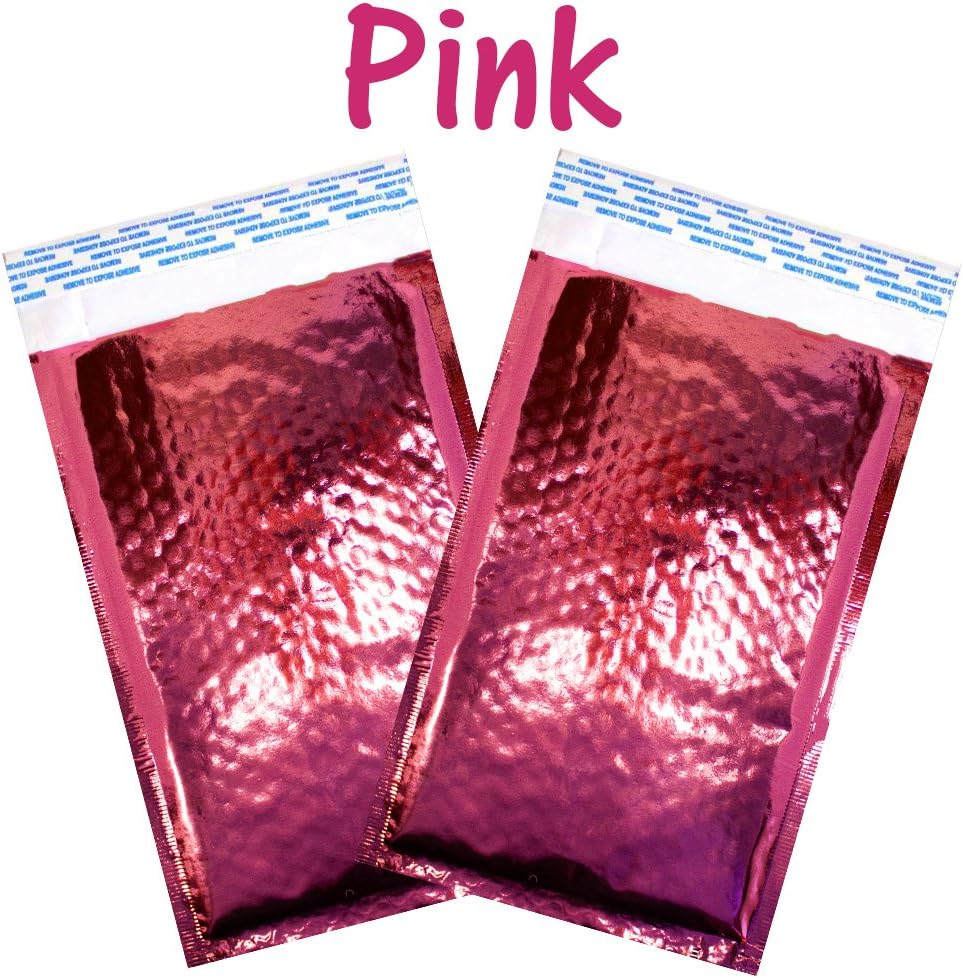 5x9 Metallic Glamour Bubble Mailers, Fun Colors Padded Air Cushioned Poly Waterproof, Tear Proof Shipping Envelopes, Peel and Seal Aurora Thank You Stickers (Pink, 50 Pack)