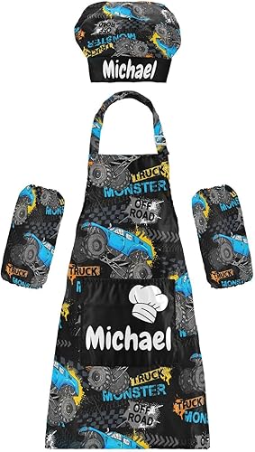 Horse Custom Kids Apron and Chef Hat Set Personalized Cooking Kitchen Chef Apron with Big Pocket for Boys Girls (3-12 Years)