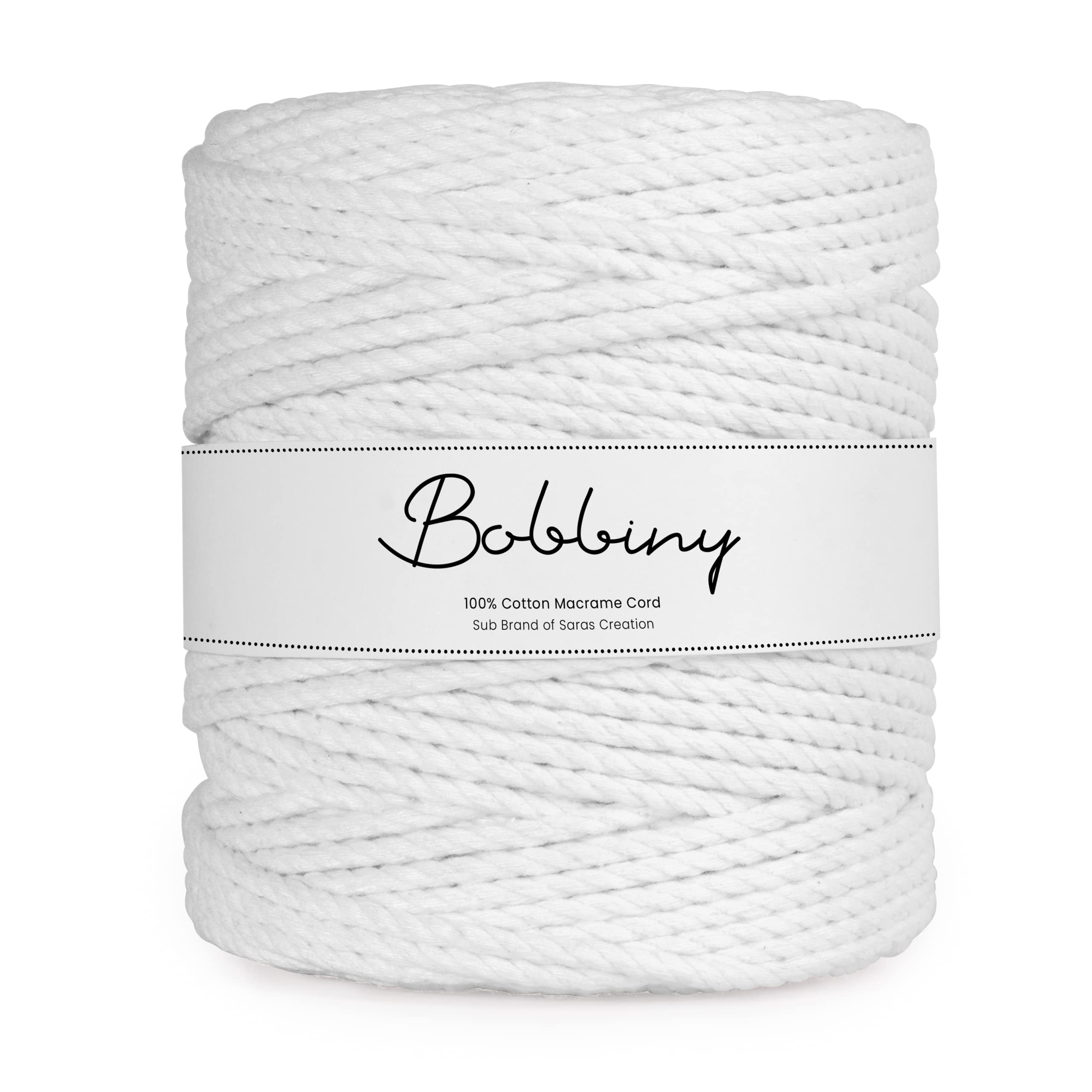 Bobbiny | 3 Ply Twisted Macrame Cotton Cord Dori (Roll Packaging) Thread for Macrame DIY and Other Projects | White | 4mm,10 Meter