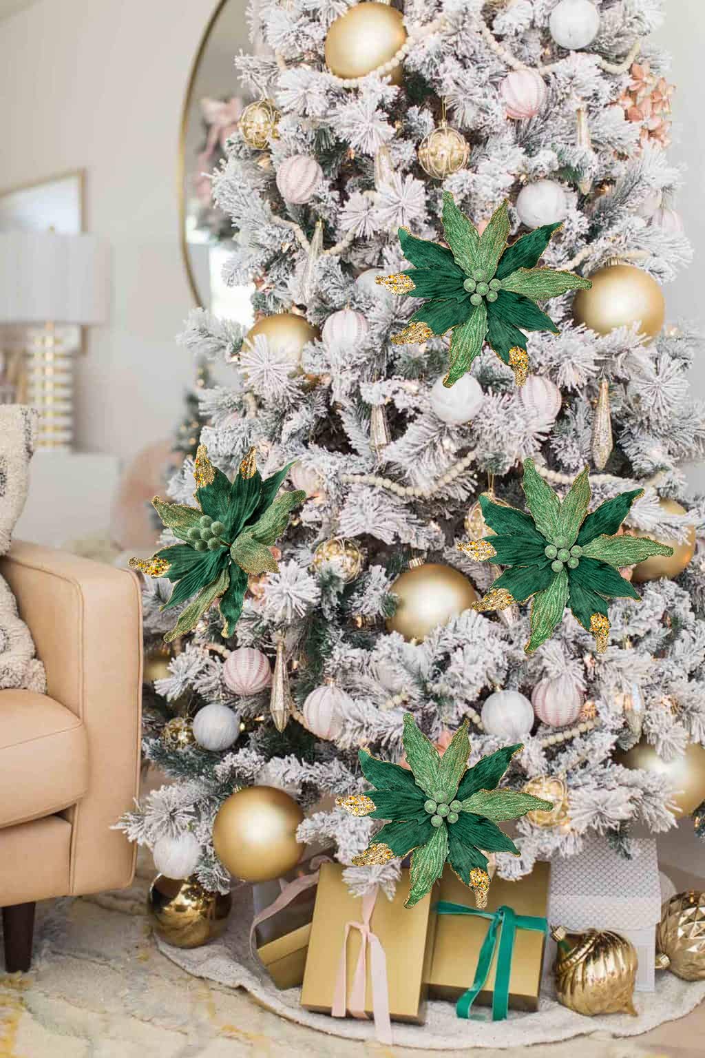 Briful 4 Flores Artificiales Verdes de Pascua Con Purpurina de 12 Pulgadas - Decoración de Árbol de Navidad, Pascua Falsas Grandes, Arreglos Artificiales Para Navidad