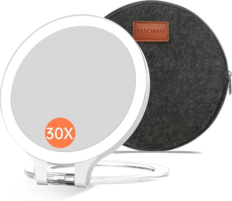 Espelho de maquiagem de viagem FASCINATE com iluminação, dupla face e ampliação 30X/1X