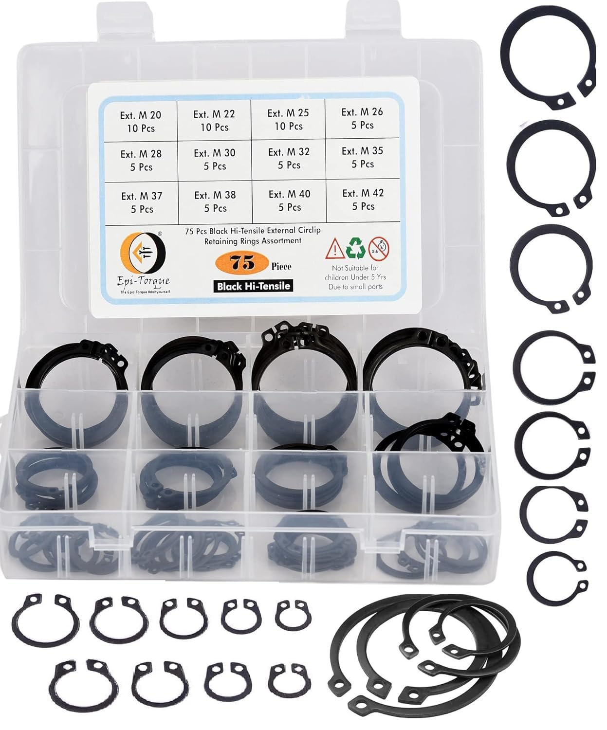 Epi-Torque; The Epic Torque #Doityourself Alloy Steel External Snap Retaining Ring Circlip Shaft 20mm 42mm [12-Size] Set of 75 Pcs Assortment-picture-23