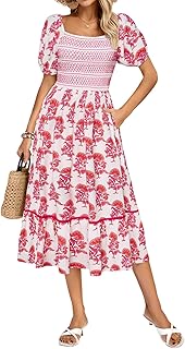 Women's Summer Floral Boho Dresses Casual Square Neck Smocked Flowy Tiered Beach Midi Dress with Pockets - Buy now