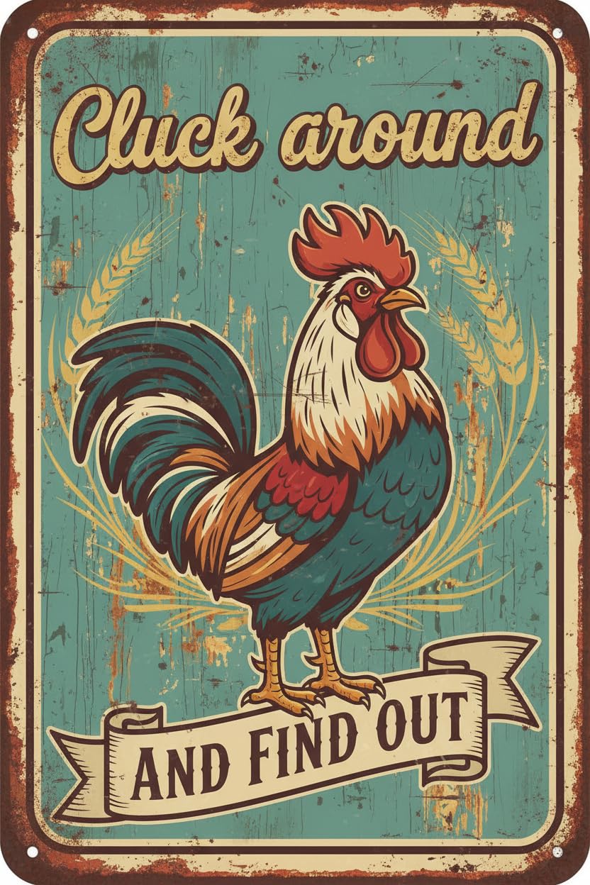 Vintage Metal Tin Sign Chicken Gifts Rooster Decor Cluck Around And Find Out Rustic Tin Sign For Home Farm Chicken Coop Decor 8X12 Inch (9703) Custom Private Property Signs Outdoor