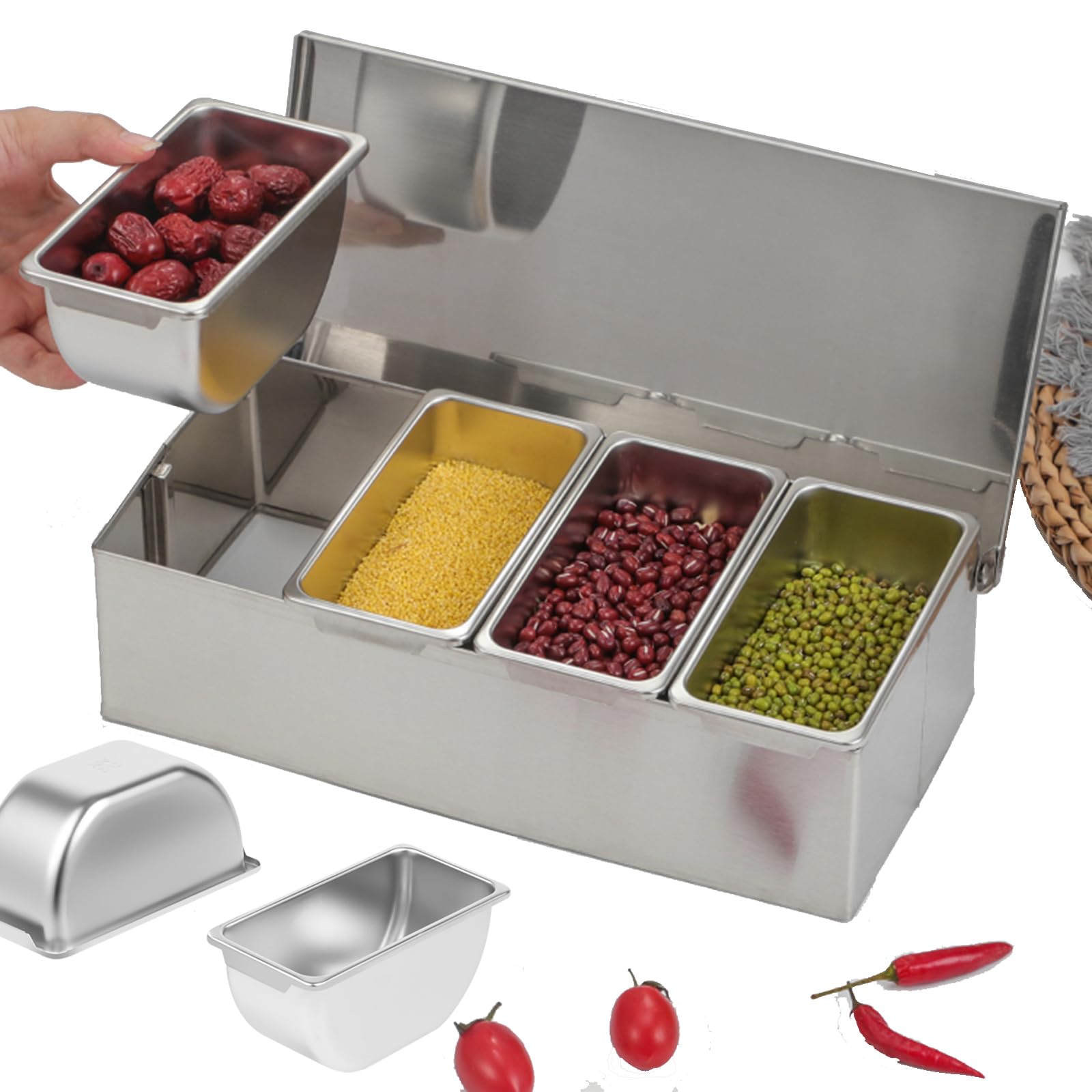 Zutatenbehälter, 4 Edelstahl Behälter mit Deckel, Abnehmbar Gewürz Behälter, Beilagenbehälter, Obstkiste, Pizzastation, Gewürzgläser, für Obst, Toppings, Salz, MSG, Snacks, 31 x 15 x 8.8 cm