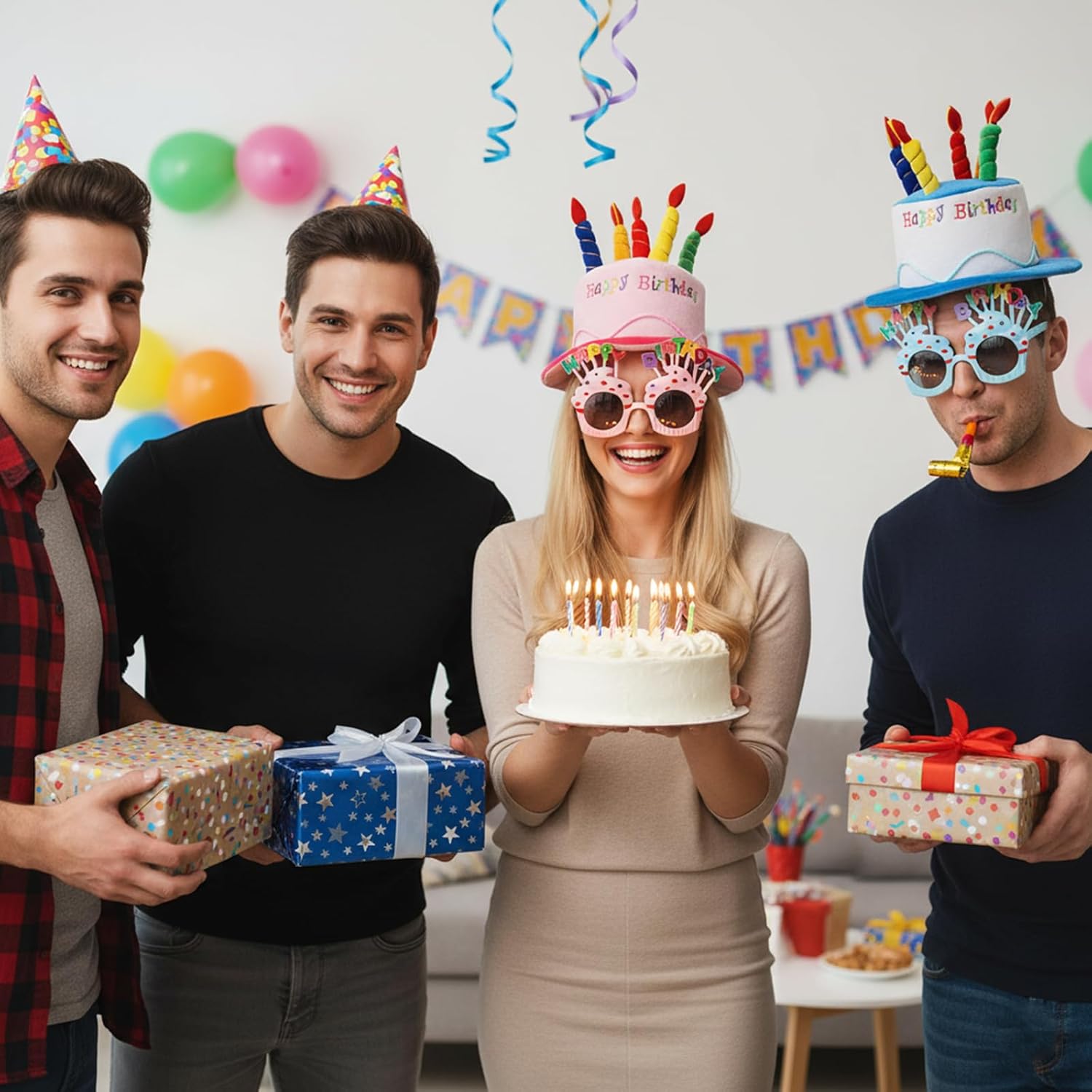 Okllen Birthday Hats Set of 2 for Adults, Plush Cake Hats with Sunglasses, Funny Party Novelty Hats for Birthday Party Favors, Blue & Pink - Image 7