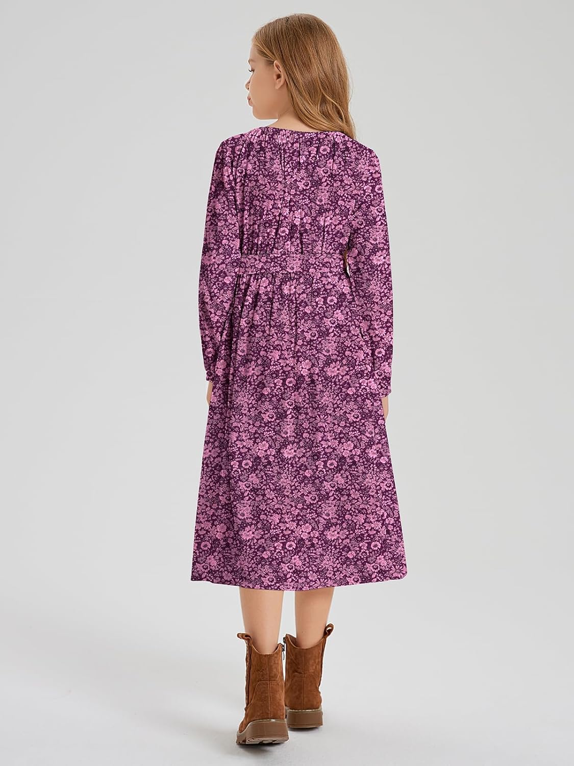 LaBeca Girls Casual Elastic Crew Neck Floral Printed Solid Color A-line Swing High Waist Midi Belted Dress with Pocket - Image 4