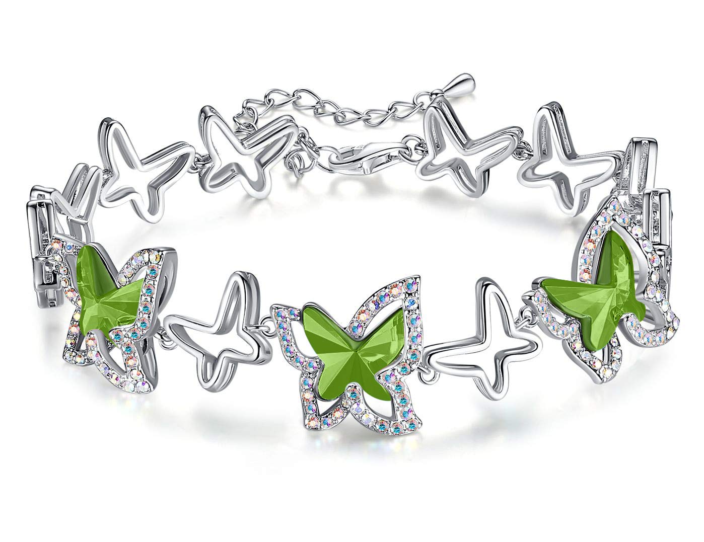 Butterfly Link Charm Bracelet, Birthstone Crystal, for Women, Silver Tone Jewelry, Anniversary Birthday Gift for Her, Wife &amp; Mom, 7"+2" Chain