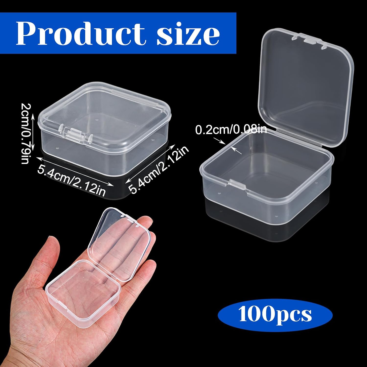 100 Pcs Clear Plastic Beads Storage Containers Box Small Clear Boxes with Hinged Lid Plastic Case Mini Square Arts Crafts Storage Organizers for Small Items(2.1 x 2.1 x 0.8 Inch)