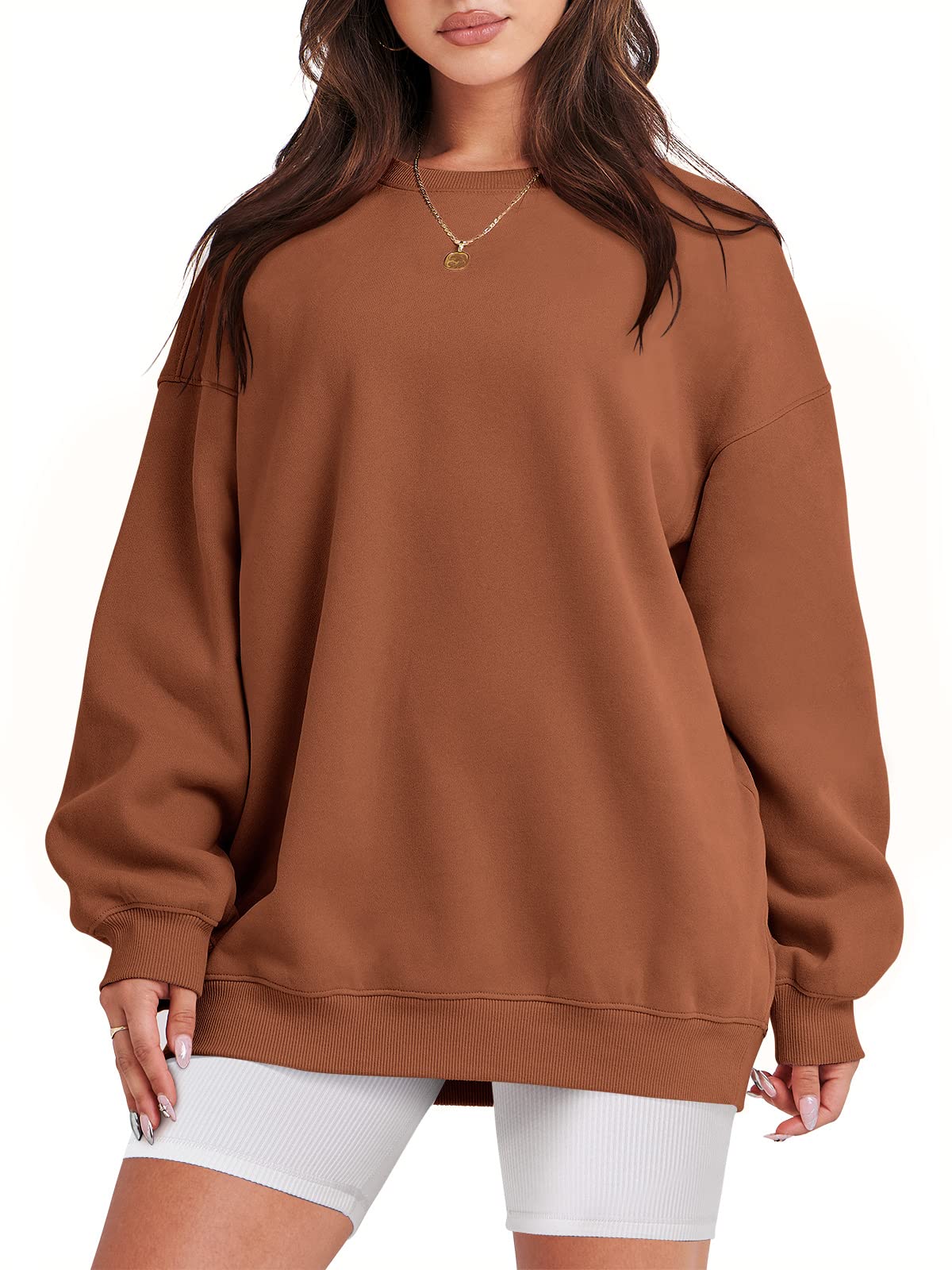 Damskie bluzy oversize bluzy z kapturem polar okrągły dekolt sweter top codzienne jesienne stroje preppy ubrania nastolatki 2024 A1019 światło, Jeden kolor, Caramel_S