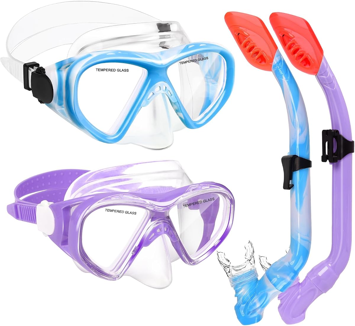 2 juegos de equipo de snorkel para niños, juego de snorkel para niños de 6 a 14 años, juego de máscara de snorkel con parte superior seca para jóvenes, niños y niñas, gafas de natación de vidrio templado