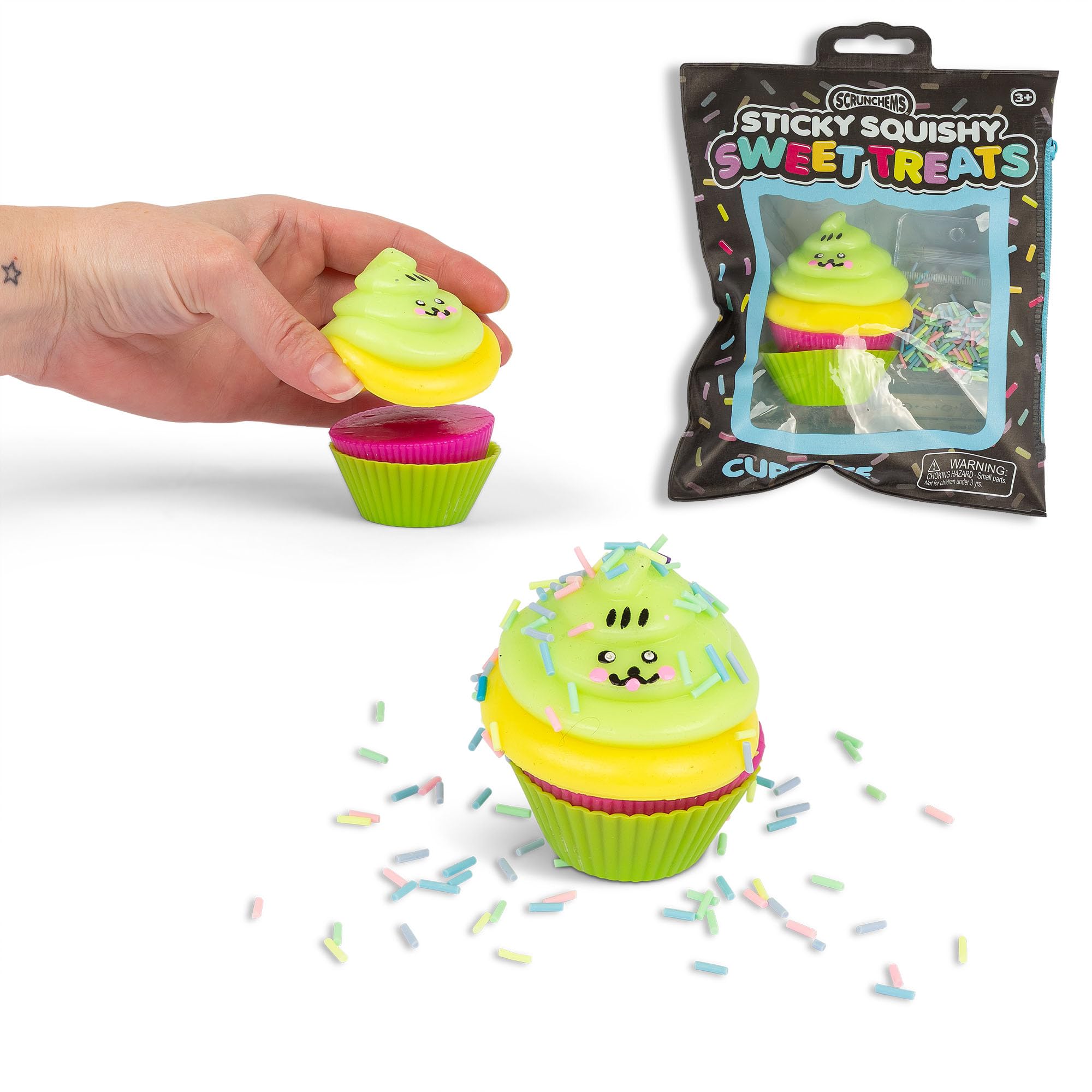 SCRUNCHEMS Sticky Squishy Sweet Treats Cupcake – Squishy Sensory Toy with Sprinkles, Fidget Toy for Kids, Stress Relief Zipper Bag, Ages 3+