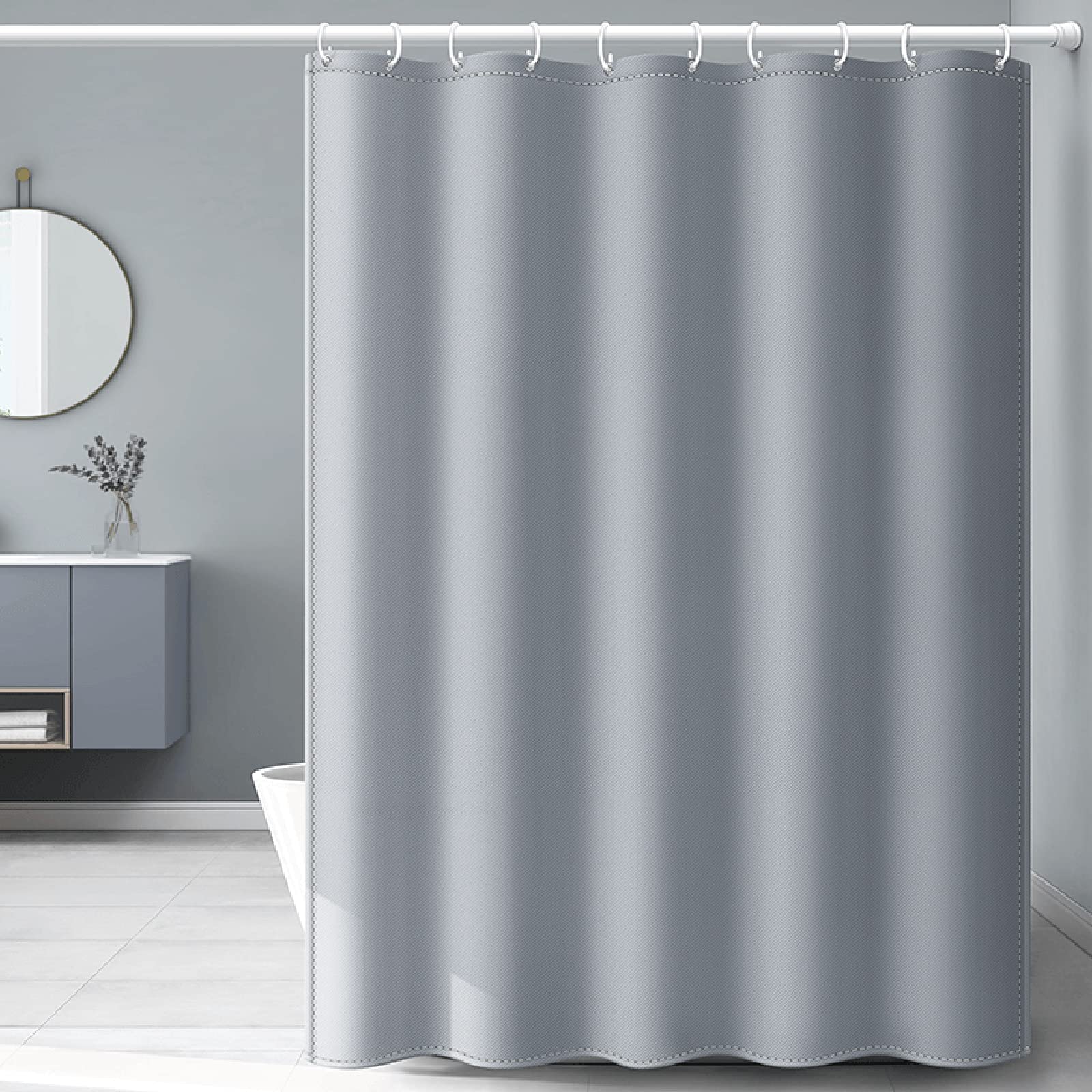 Rideau de douche anti-moisissure et imperméable en tissu gris sans perçage pour grande baignoire