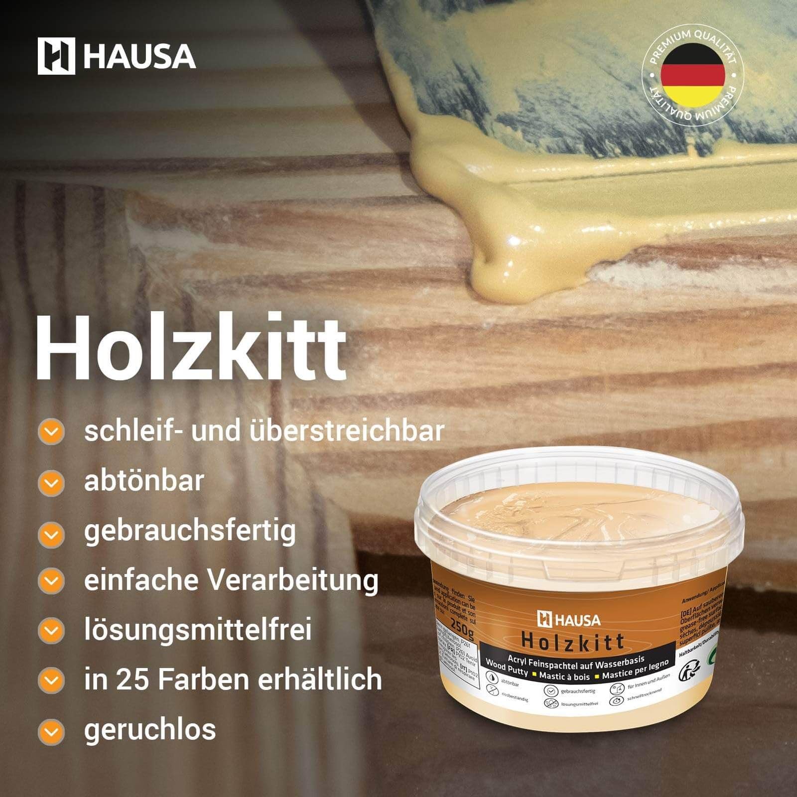 HAUSA Stucco per legno 250 g, stucco per legno di abete, kit per legno, stucco/impasto per legno per riparare danni al legno, pronto all'uso, eccellente potere riempitivo, asciugatura rapida