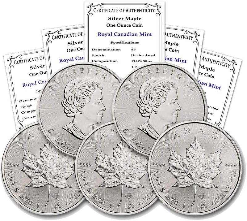 1988 - Present Lot of (5) 1 oz Canadian Silver Maple Leaf $5 Seller BU | Random Year - Brilliant Uncirculated Coins with Certificates of Authenticity