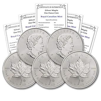 1988 - Present Random Year Lot of 5 1 oz Silver Maple Leaf Brilliant Uncirculated with Certificates of Authenticity $5 Seller BU