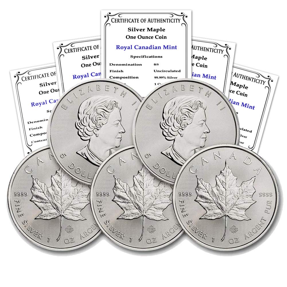 1988 - Present (Random Year) Lot of (5) 1 oz Silver Maple Leaf Brilliant Uncirculated with Certificates of Authenticity $5 Seller BU