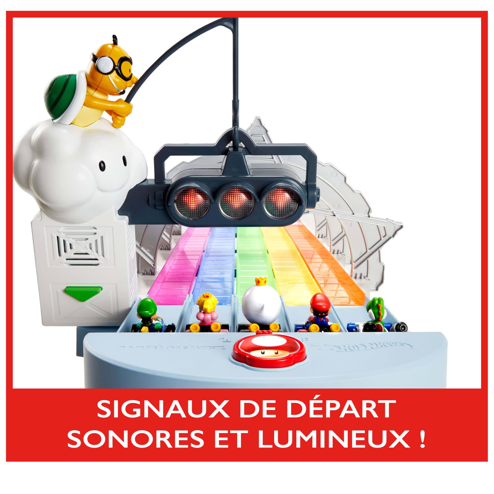 Hot Wheels Mario Kart Route Arc-en-Ciel Pistes de Course de 2,40m, 2 Mini-véhicules échelle 1:64 Inclus, Sons et lumières, Jouet pour Enfant, GXX41