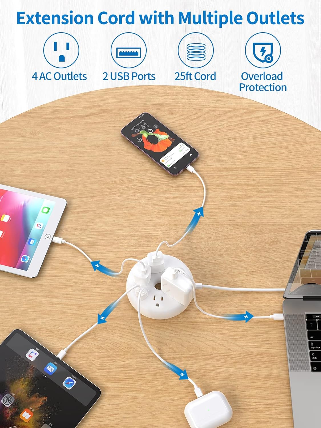Extra Long Extension Cord 25 ft, NTONPOWER Flat Plug Power Strip with USB Ports, 4 Outlet Desktop Charging Station, Compact Wall Mount, Circuit Breaker, Home Office, Dorm, Garage, Ideal for Old House