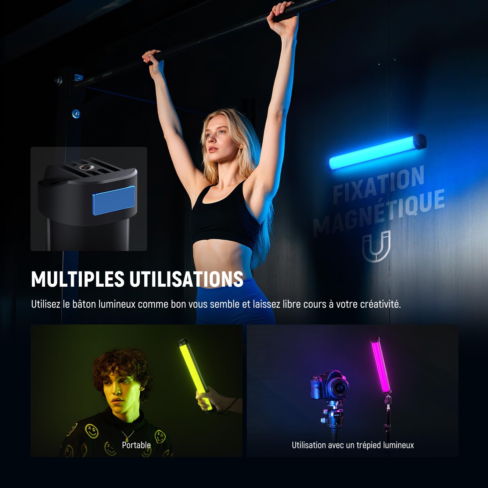 NEEWER Basique Barre Lumineuse RVB magnétique, réglable CRI95 8W Tube Lumière LED Main Tube Lighting Stick avec 51 Modes RVB, Batterie 2000mAh pour Youtube TikTok Caméra Streaming Enregistrement