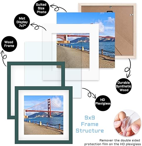 Vista 104 de Marco de fotos de madera de 9 x 9 pulgadas para colgar en la pared o en la mesa, marcos de fotos cuadrados con 1 paspartú de 7 x 7 pulgadas