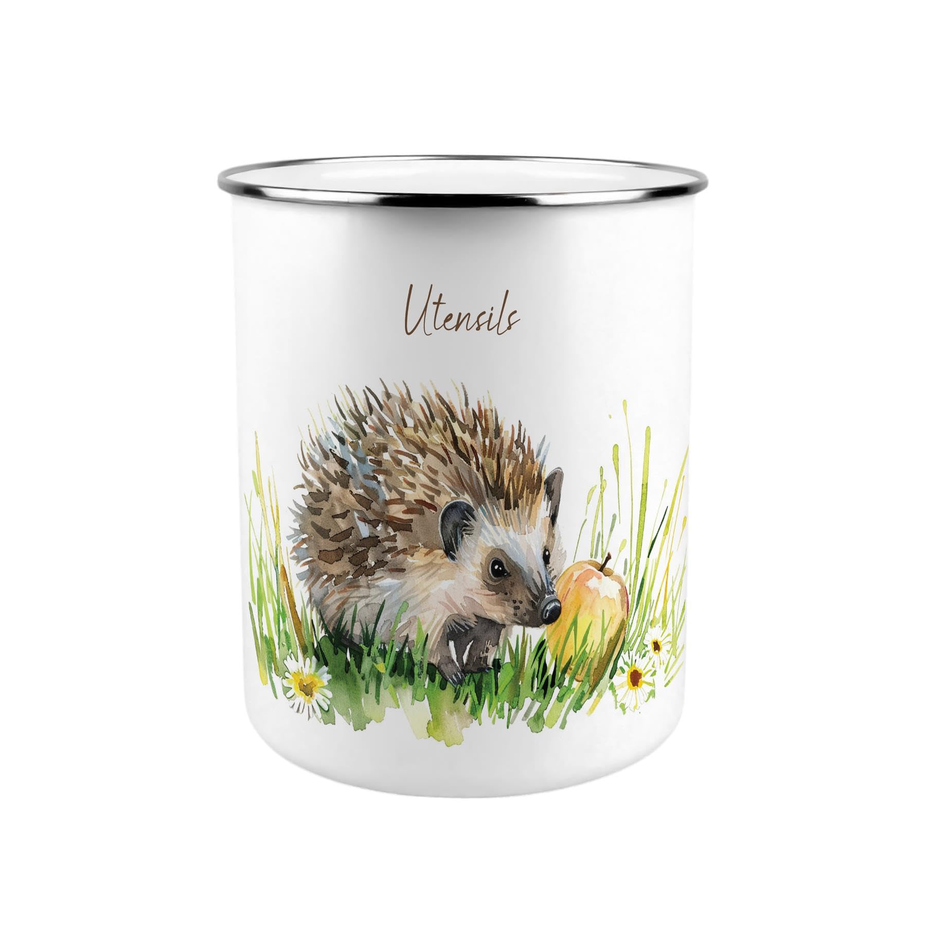 Purely Home Hedgehog & Apple Metal Utensil Holder - XL Kitchen Utensil Pot/Organiser for Countertop Decor Gift 18x16.5cm