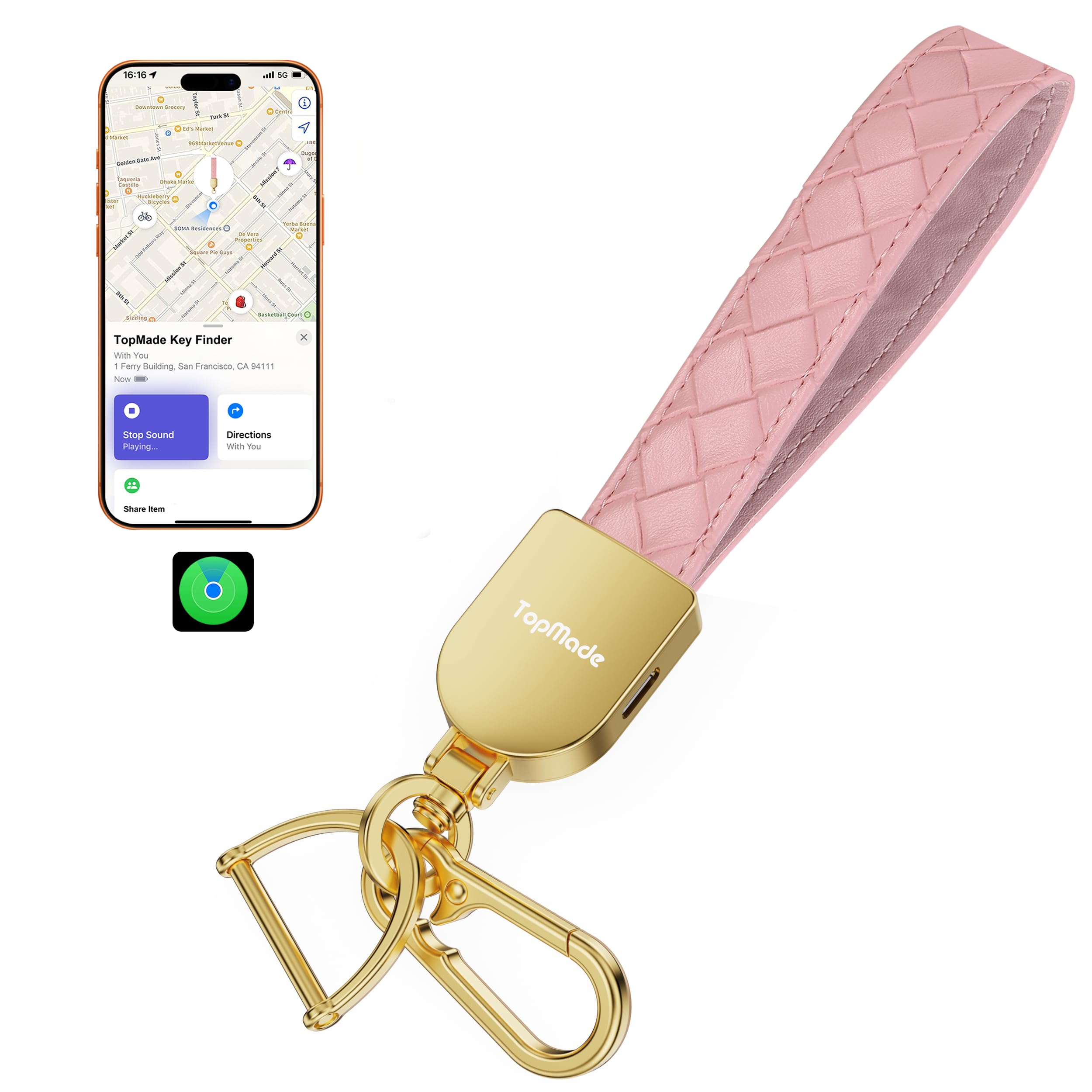 TopMade Porte-clés de voiture en cuir tricoté à la main de qualité supérieure pour homme et femme, étiquette de suivi intelligent, localisateur de clés anti-perte, porte-clé universel, étanche, rose