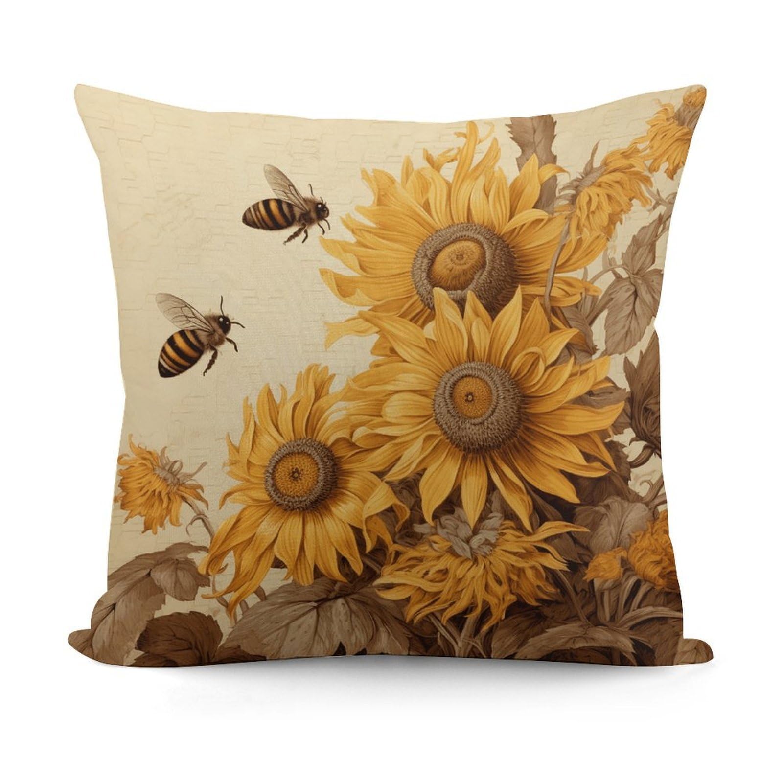Bees And Sunflowers on Old Paper Throw Pillow Cover Soft Square Cushion Cover Art Artwork Pillow Covers Mordern Couch Pillow Covers Decorative Cushion Case for Chair Couch Bedroom Living Room